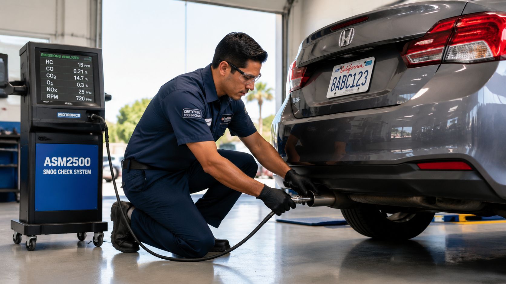 A professional mechanic performing a smog check on a car in a service garage.