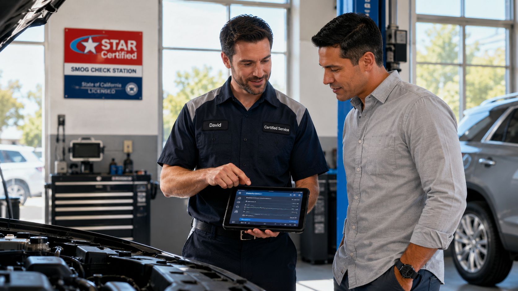 A professional technician explains car diagnostic test results to a customer using a digital tablet.