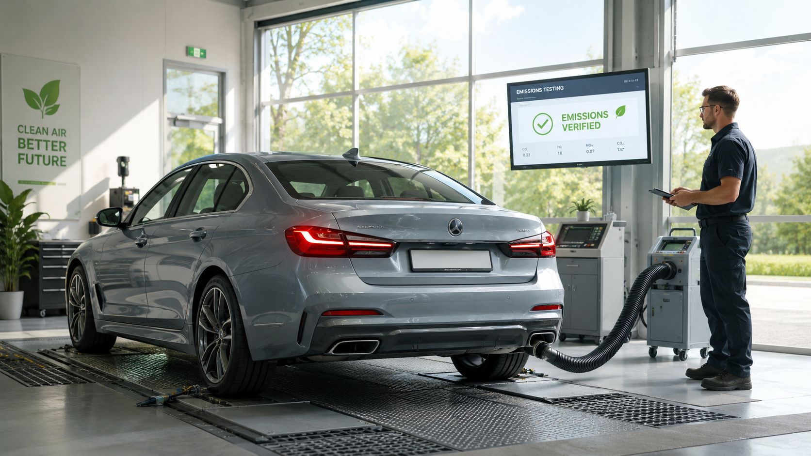 A technician performing an emissions test on a grey luxury sedan inside a modern vehicle inspection station.