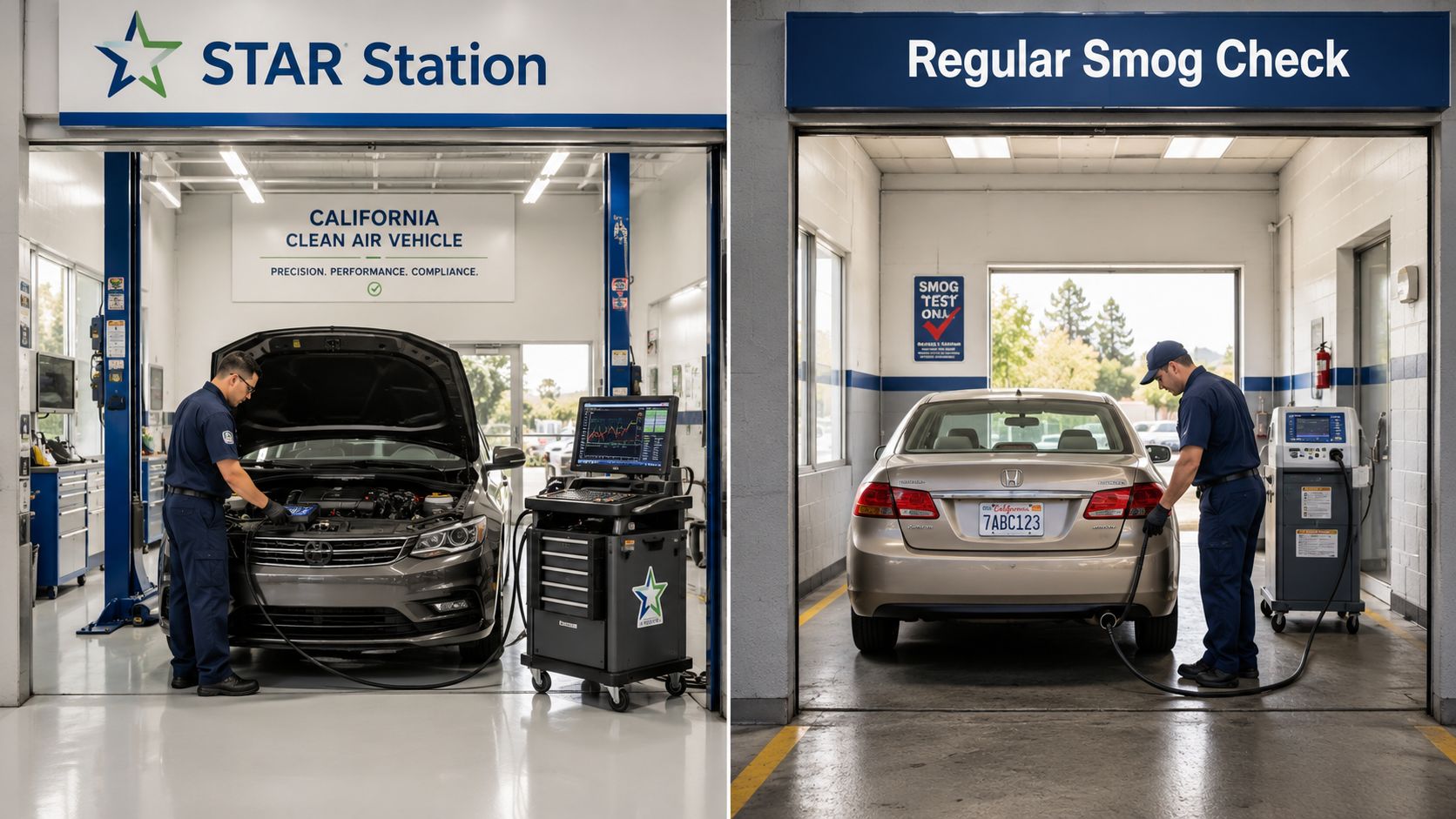 Two technicians performing professional vehicle emissions testing at a certified California auto service repair station.