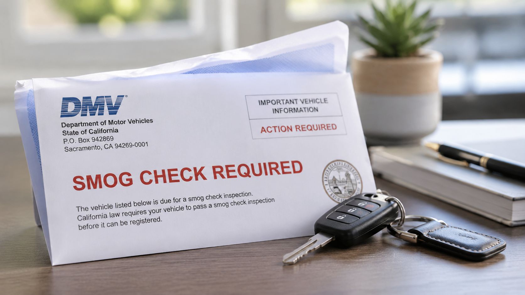 A California DMV letter stating Smog Check Required sits on a wooden desk with car keys.