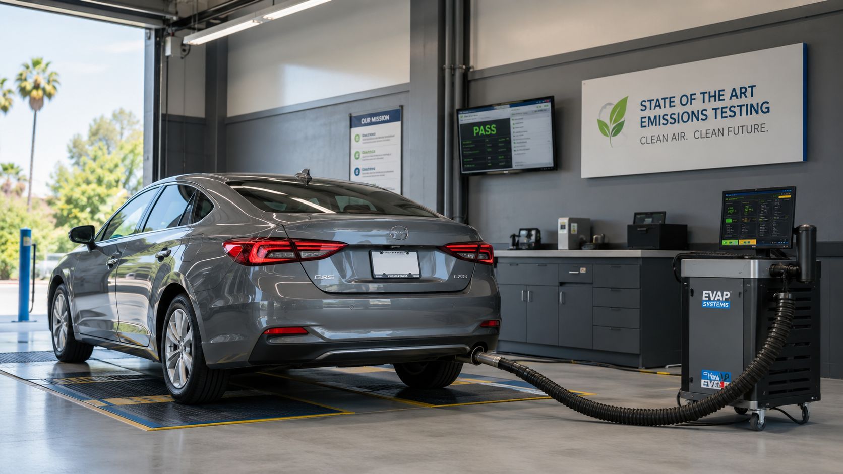 A gray sedan parked in an emissions testing facility during a professional smog check appointment.