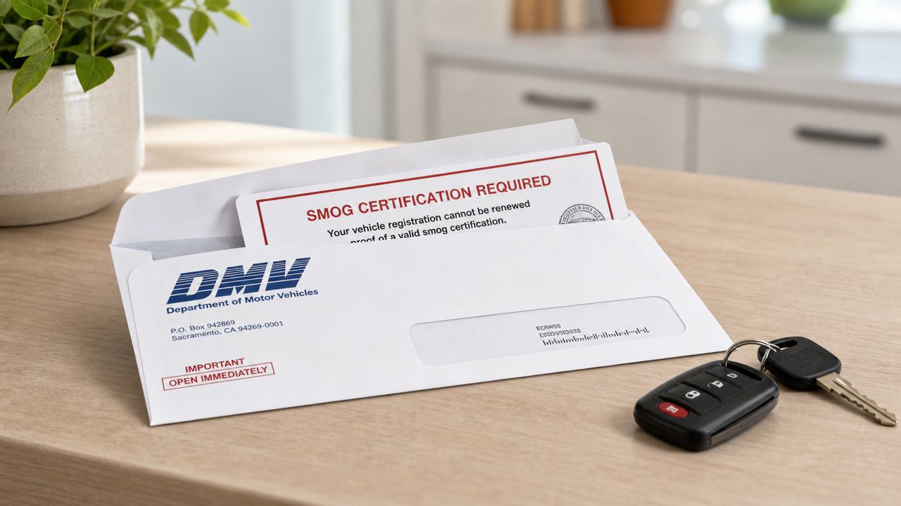 A DMV envelope stating a smog certification is required to renew a vehicle registration on a wooden desk.