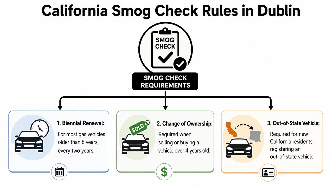 A diagram outlining the three primary requirements for California smog checks in Dublin, California.