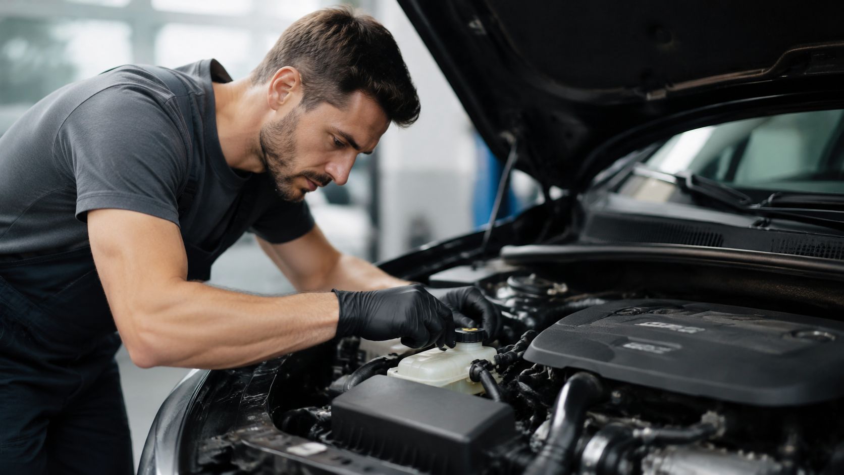 A focused mechanic in work uniform and gloves inspecting a car engine at a service center.