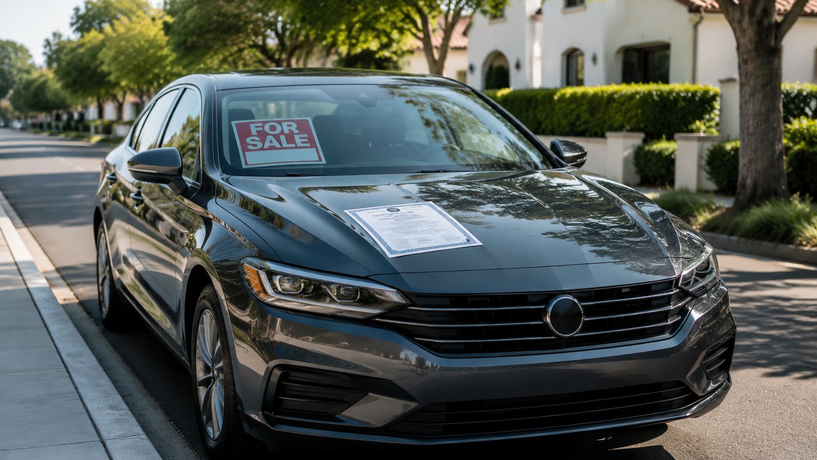 A gray sedan parked on a residential street with a for sale sign and paperwork on hood.