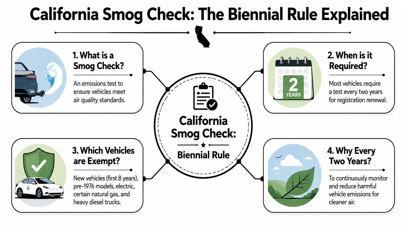 An infographic explaining the California biennial smog check requirements, including purpose, schedule, exemptions, and environmental benefits.