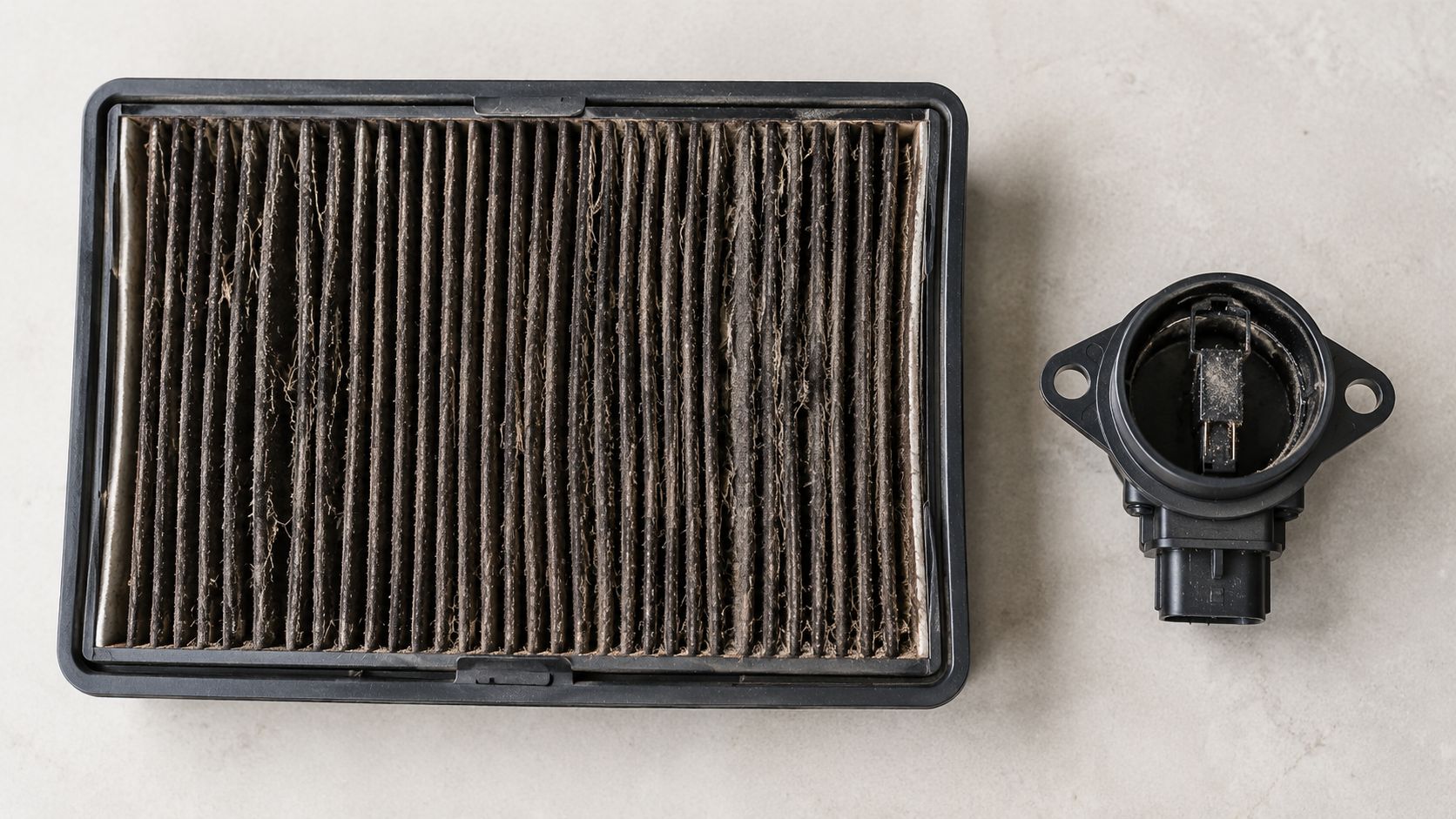 A dirty engine air filter and a mass airflow sensor placed side-by-side on a light surface.