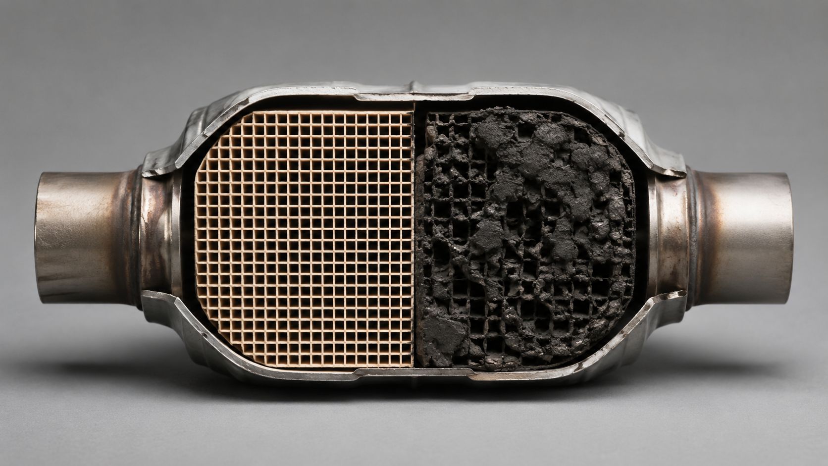 A cross-section of a catalytic converter showing a clean honeycomb filter versus a clogged, damaged filter.