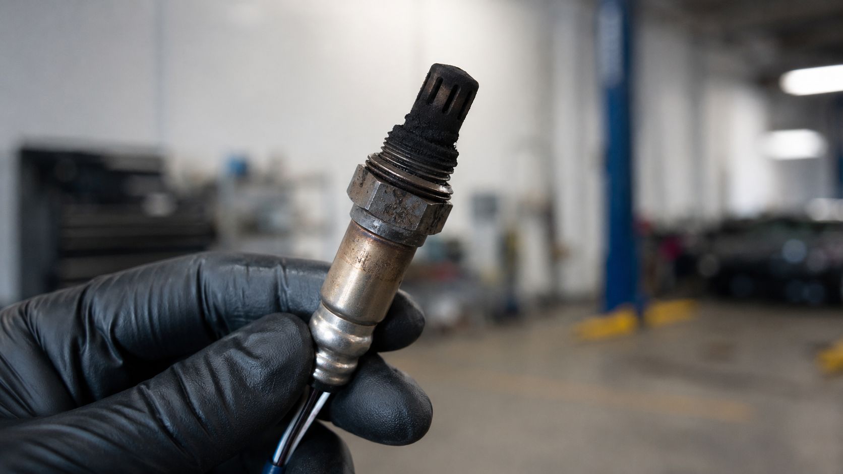 A gloved hand holding a dirty, carbon-fouled automotive oxygen sensor in a repair shop setting.