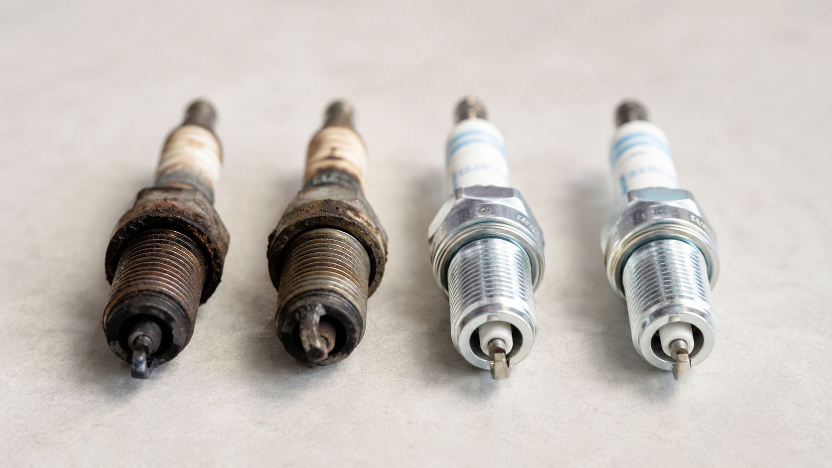 A comparison of two old dirty spark plugs next to two new clean automotive spark plugs.