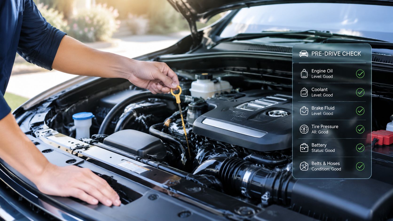 A mechanic performing a routine car engine pre-drive check with a digital status display overlay.