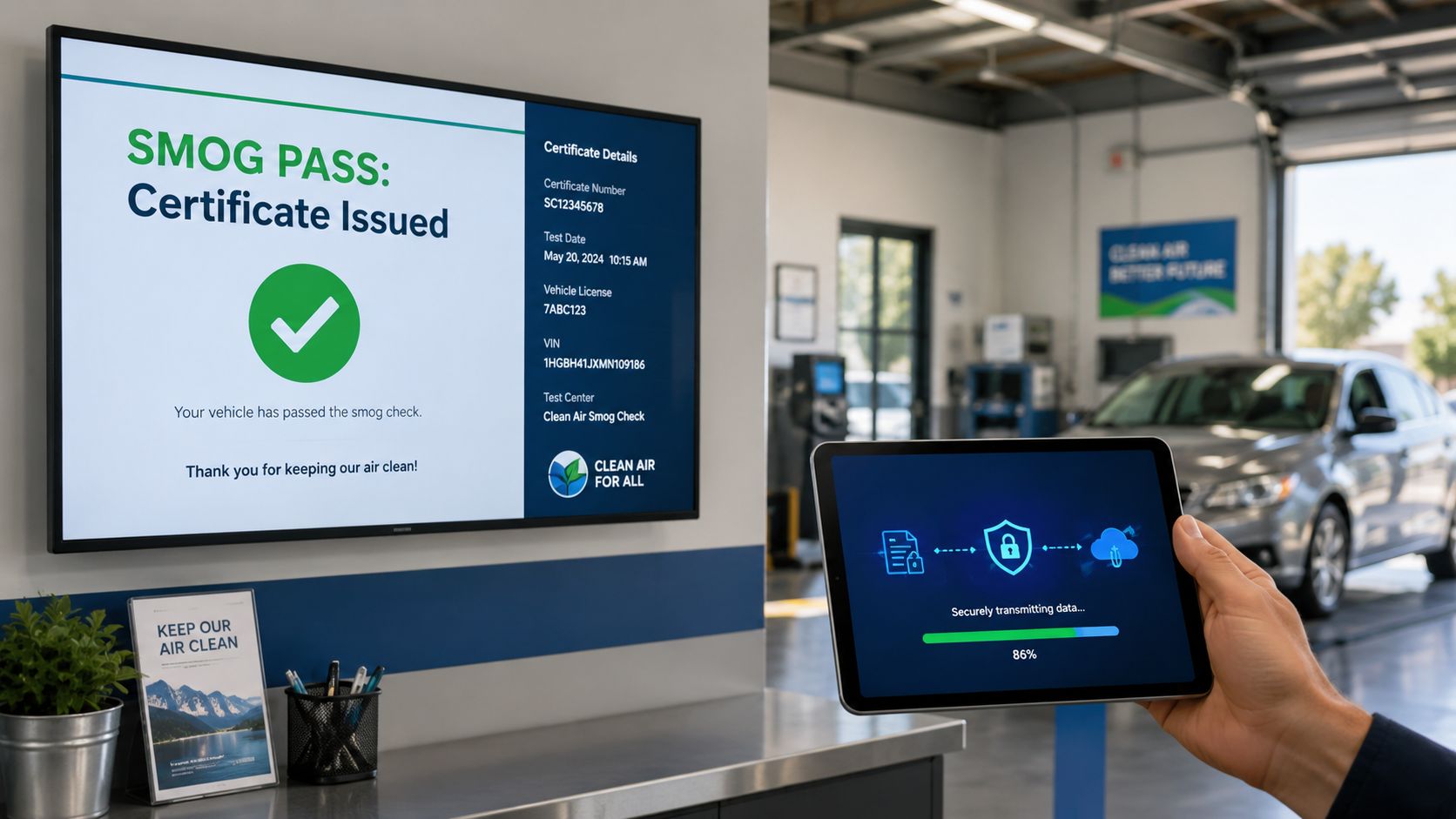 A digital screen showing a smog check certificate pass status next to a technician holding a tablet.