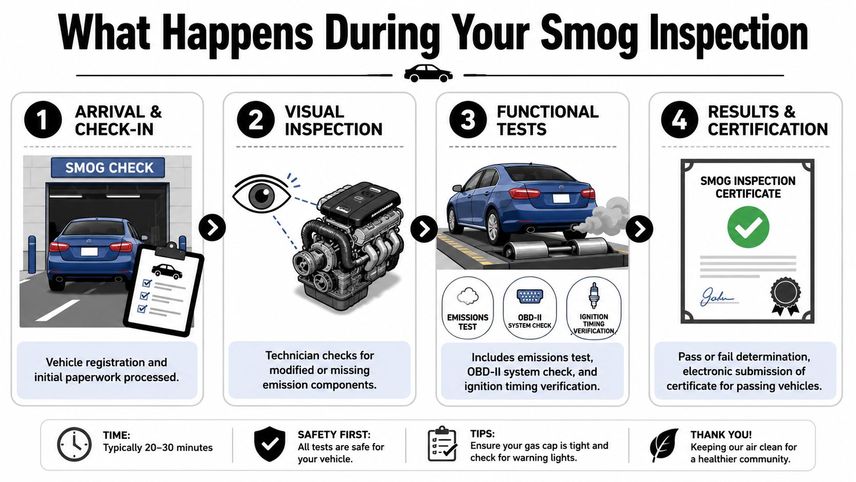 An infographic detailing the four steps of a professional vehicle smog inspection process for car owners.
