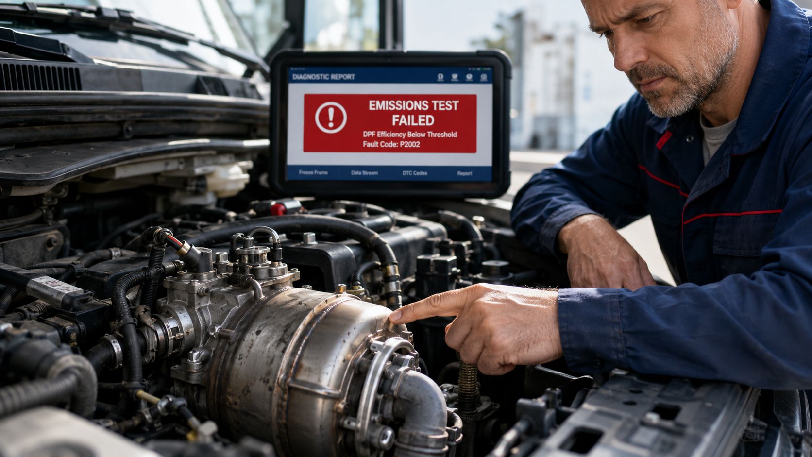 A professional mechanic examining a diesel engine while a diagnostic tool shows an emissions test failure result.