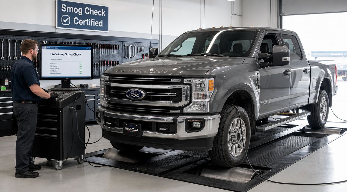 A technician performing a professional smog check on a gray Ford Super Duty truck in a shop.