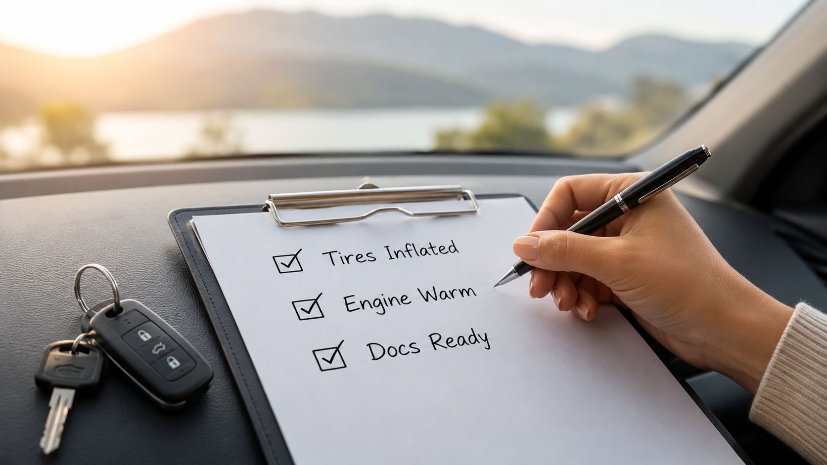 A person checking off items on a list inside a car with keys resting on the dashboard.