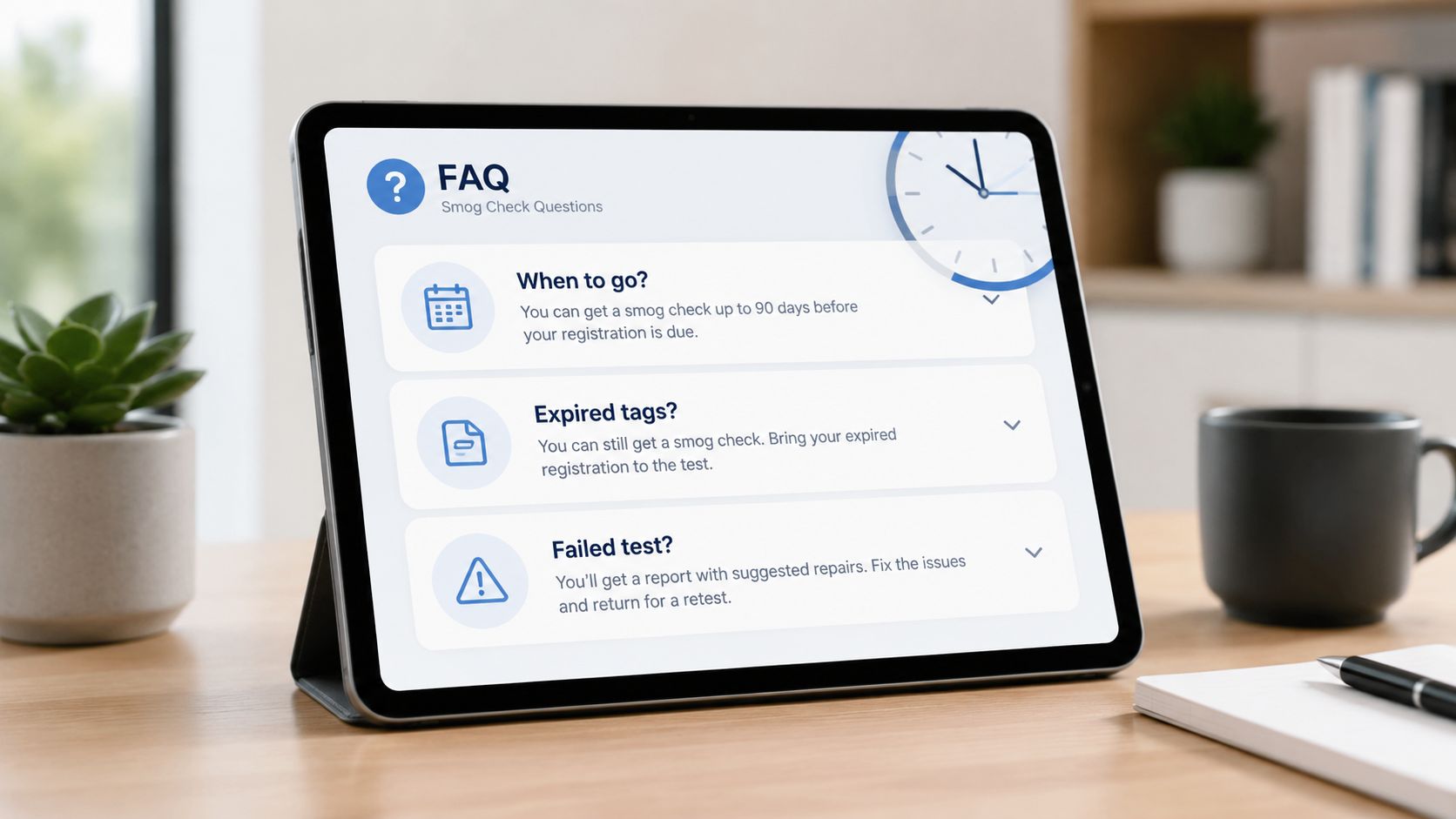 A digital tablet displaying Frequently Asked Questions about the vehicle smog check process on a wooden desk.