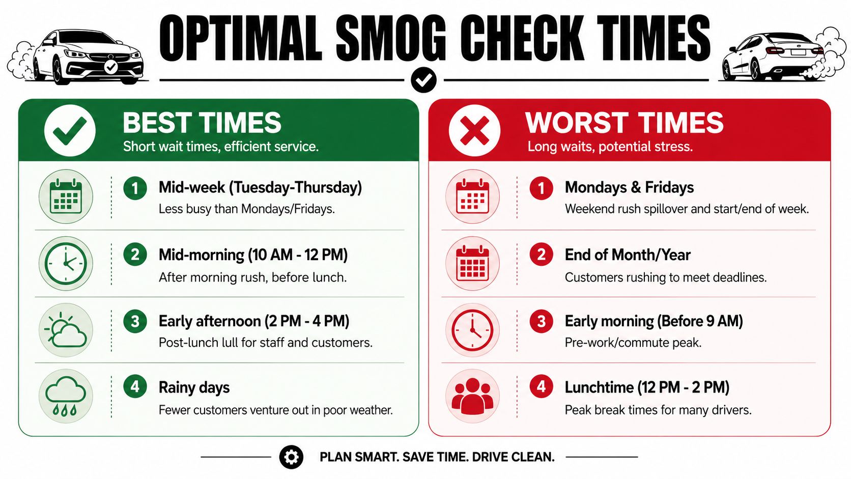 An infographic showing the best and worst times to visit a smog check center for efficient service.