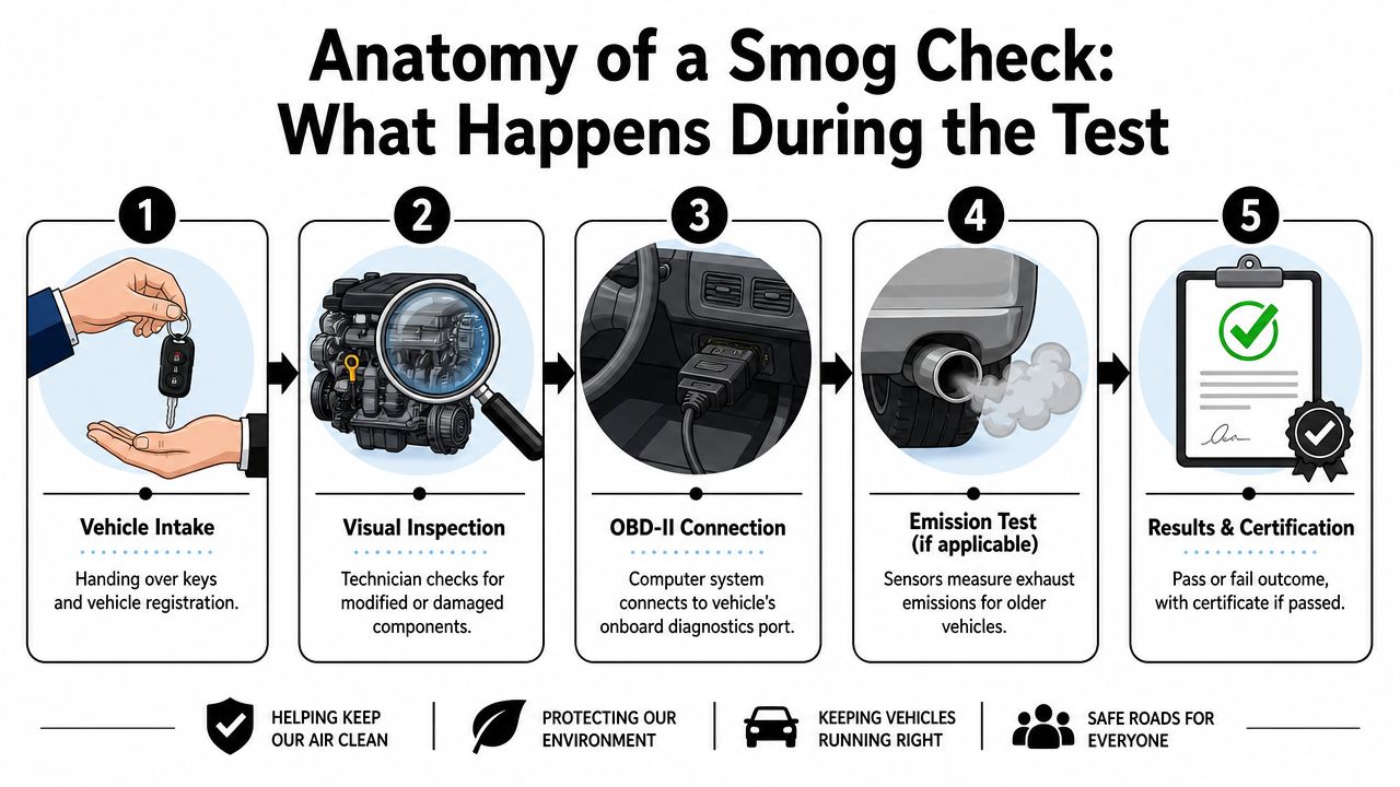 A step-by-step infographic illustrating the five stages of a vehicle smog check process for emissions testing.
