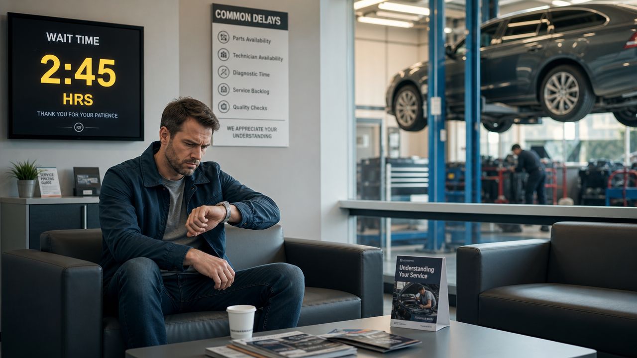 A man looking impatiently at his watch while waiting for his car service at an auto shop.