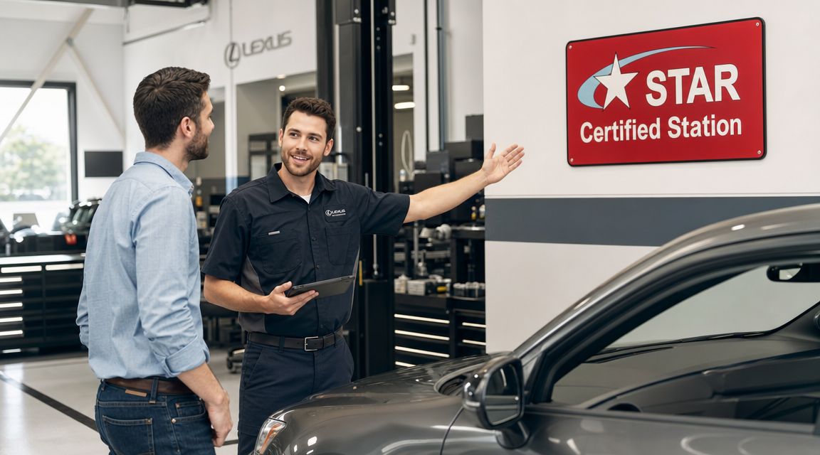 A professional Lexus service technician gestures towards a Star Certified Station sign in an automotive workshop.