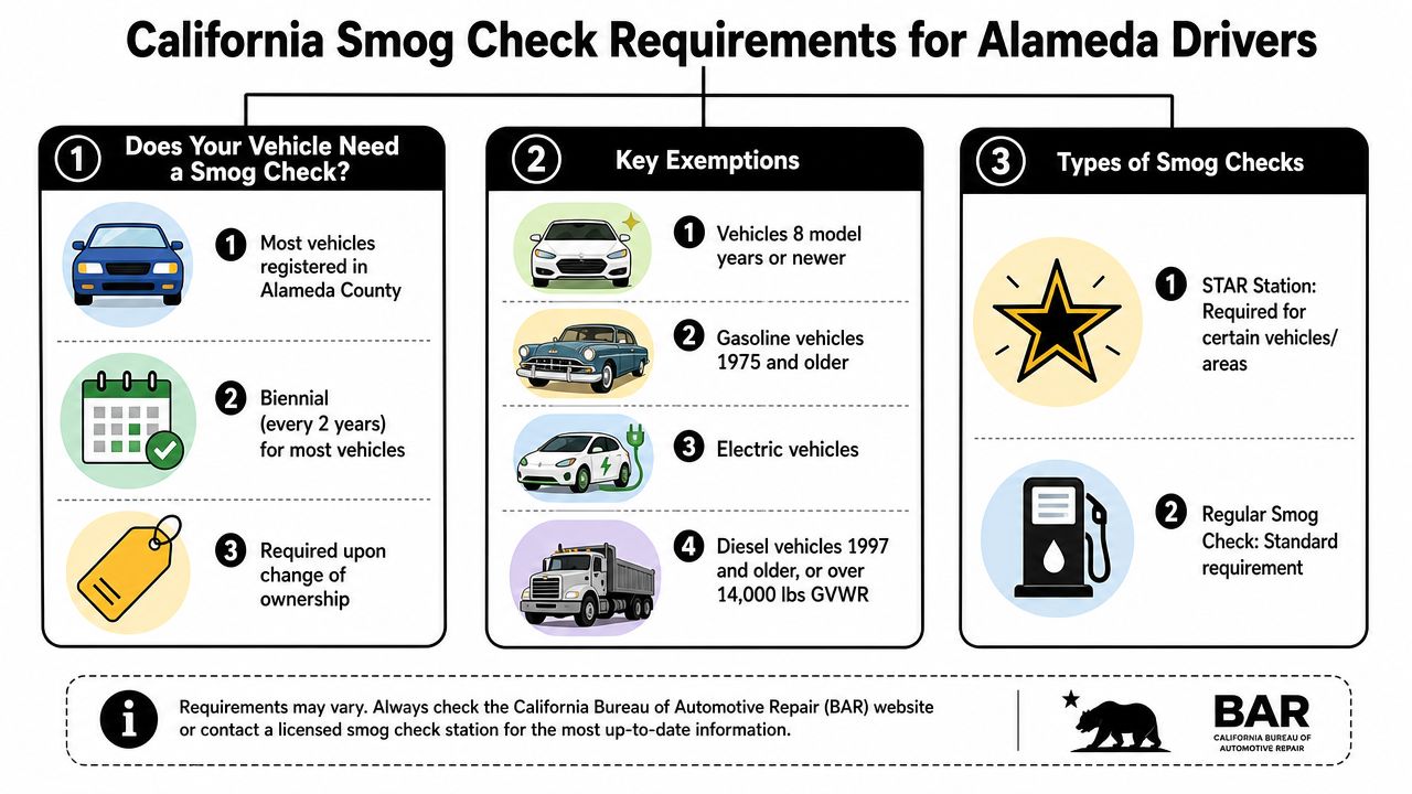 An infographic detailing California smog check requirements for vehicle owners residing in Alameda County.