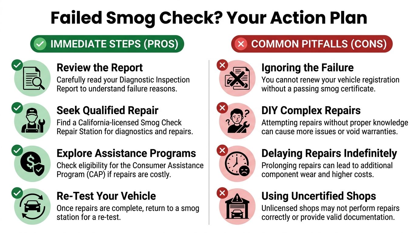 An infographic titled Failed Smog Check? Your Action Plan, listing pros and cons for drivers.