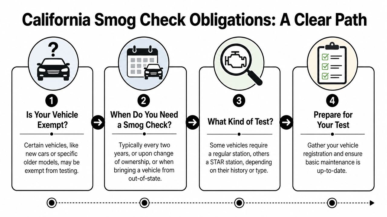 A four-step infographic illustrating the process and requirements for obtaining a vehicle smog check in California.