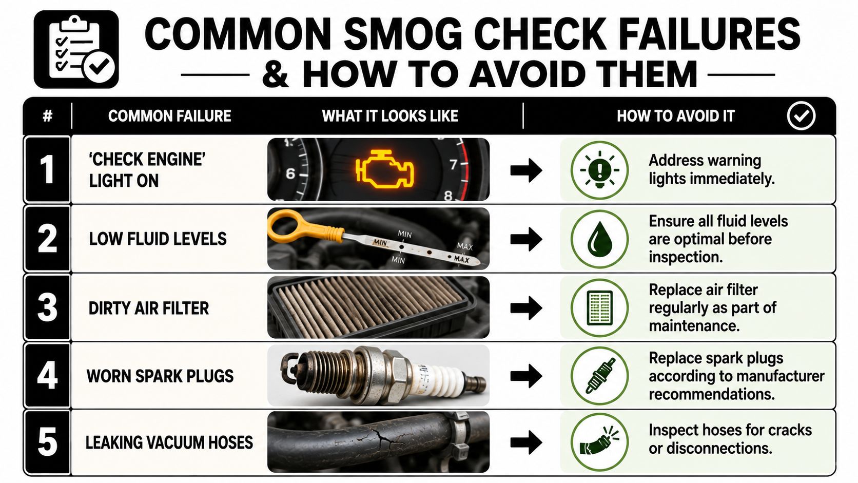 An infographic detailing five common vehicle issues causing smog check failures and how to prevent them.