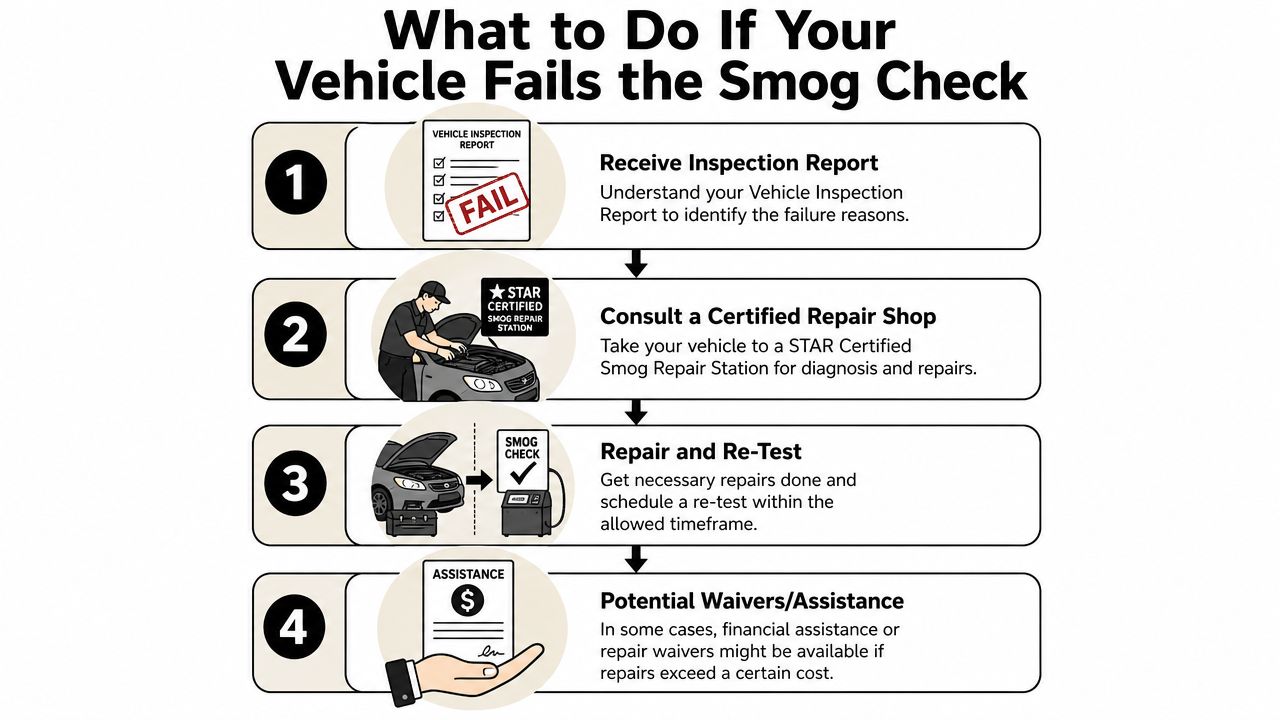 A four-step infographic showing the process to follow if your vehicle fails a smog check inspection.