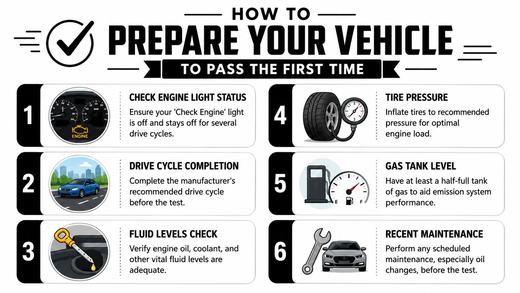 A six-step infographic guide on how to prepare your vehicle for a smog emissions test.