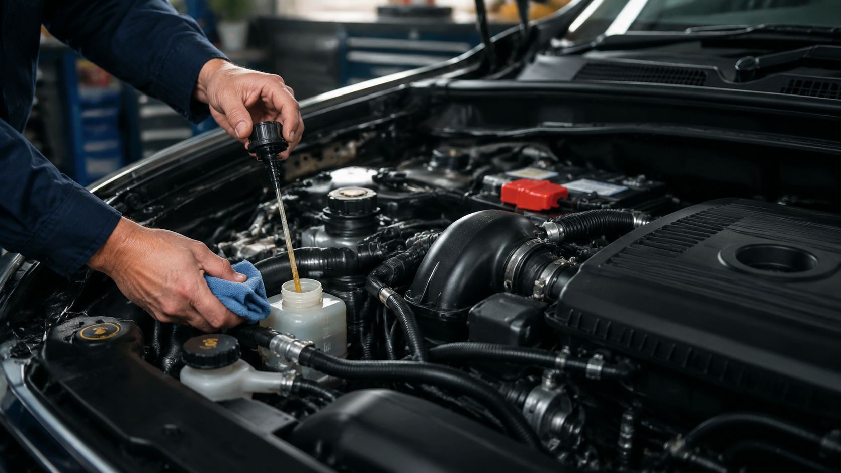 A professional mechanic checking the fluid levels of a car engine in an automotive service garage.