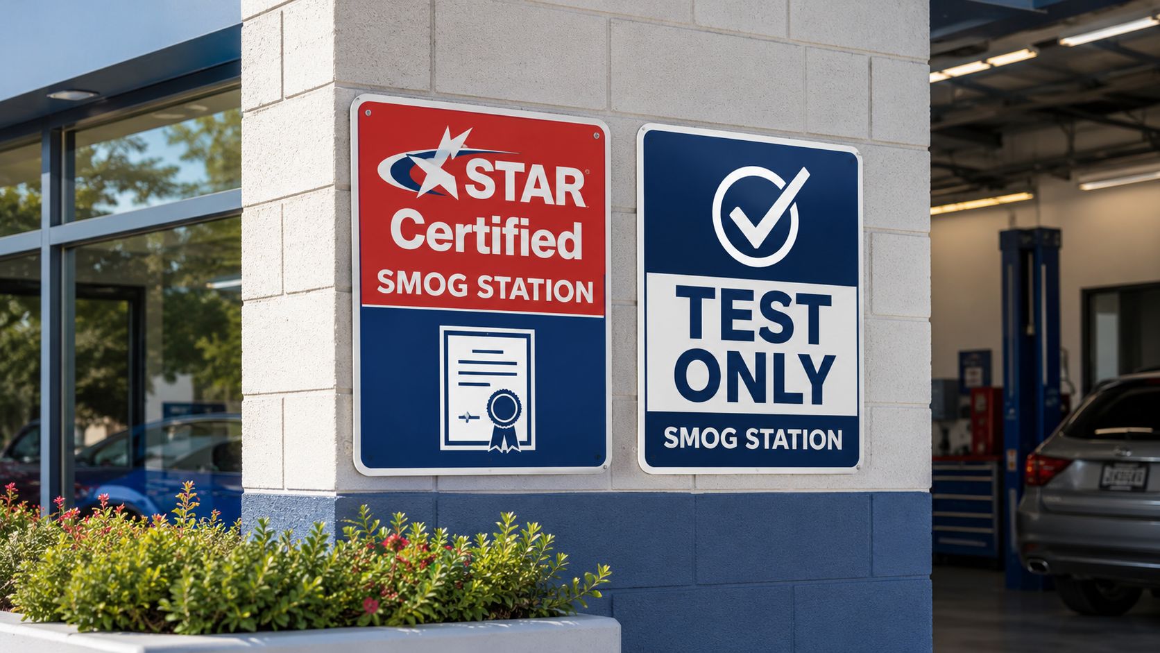 A sign on a building wall stating Star Certified Smog Station and Test Only Smog Station.