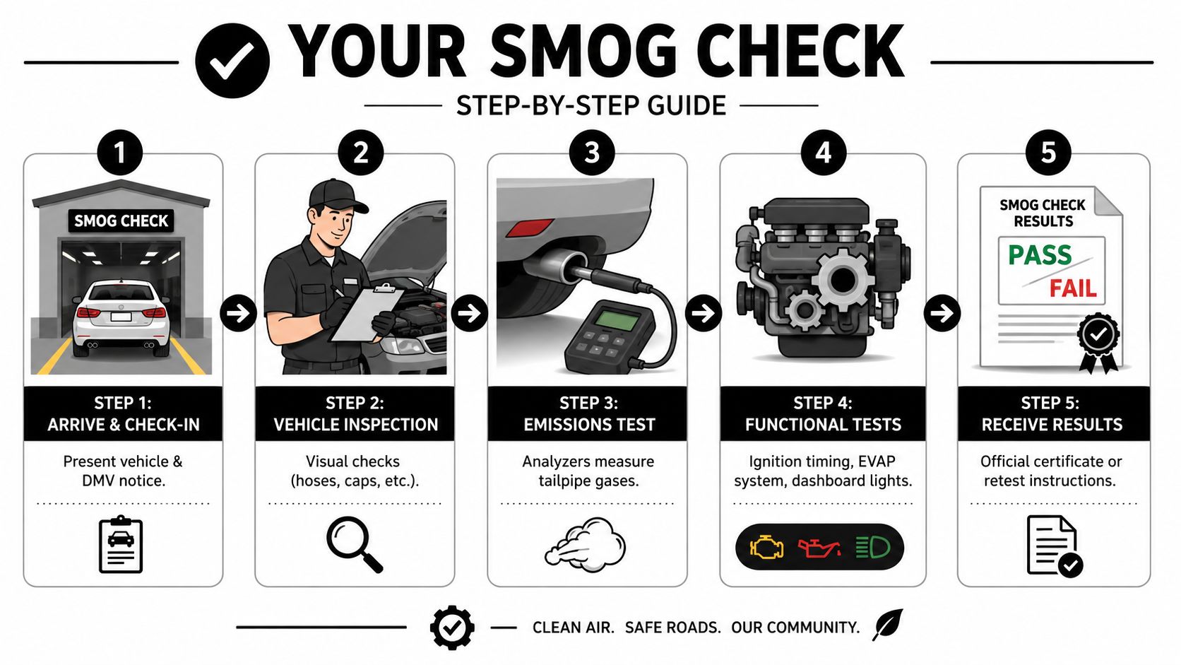 A step-by-step infographic illustrating the five stages of a professional vehicle smog check inspection process.