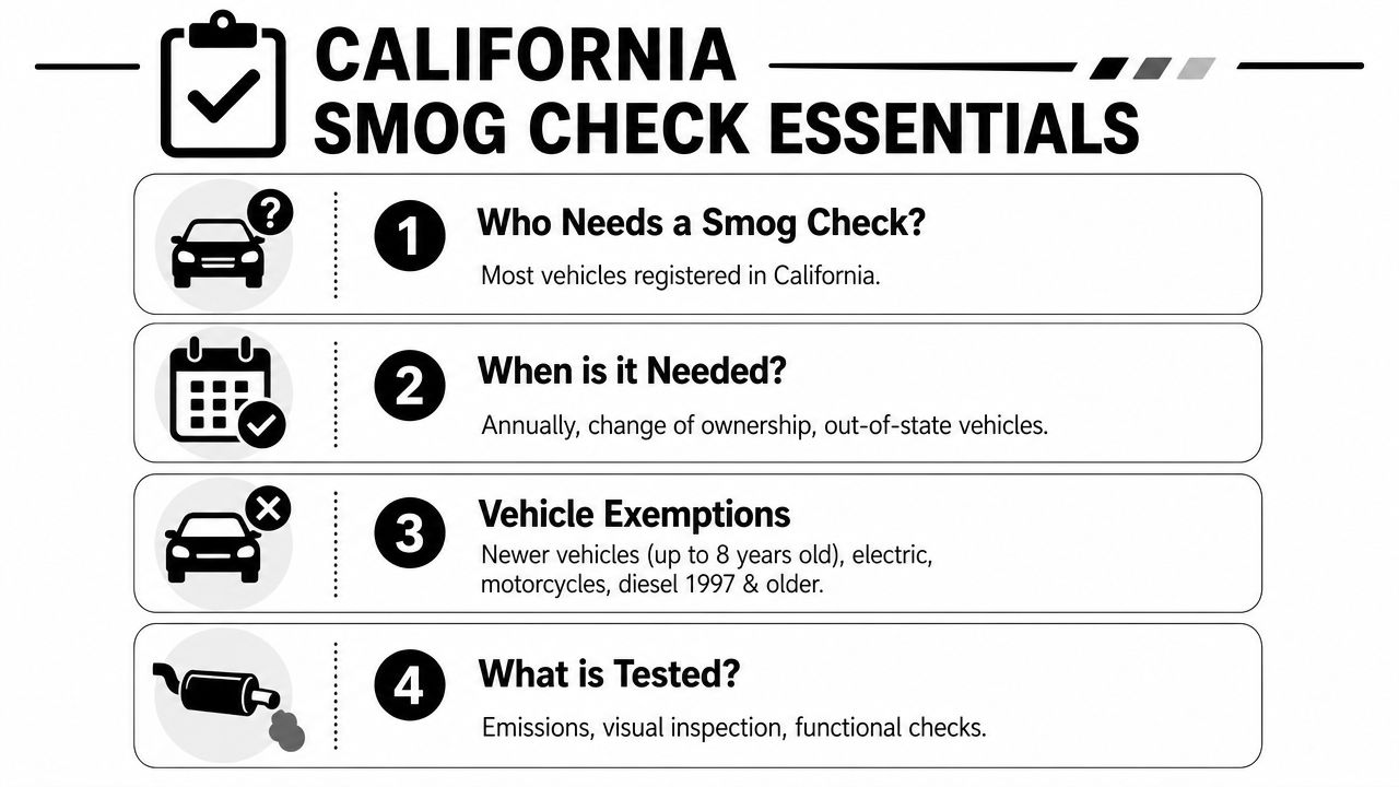 A simplified infographic detailing the four essential facts about the California vehicle smog check requirements and regulations.