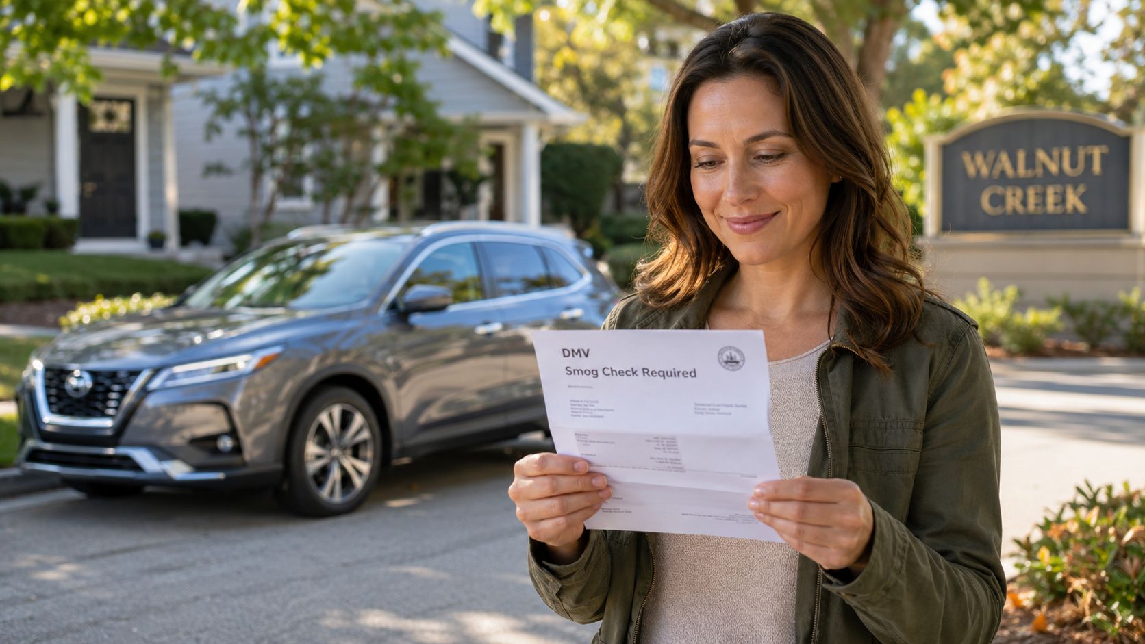 A woman standing outside holding a DMV smog check notification letter in Walnut Creek, California.