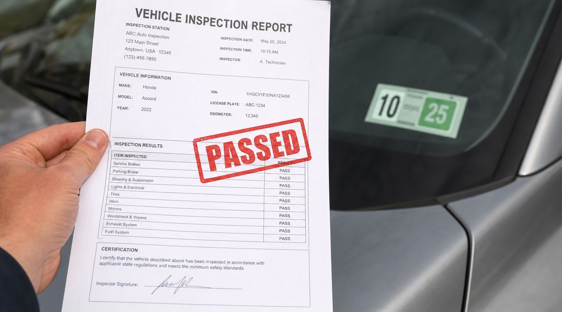 A hand holding a vehicle inspection report that shows a passed result for a 2022 Honda Accord.