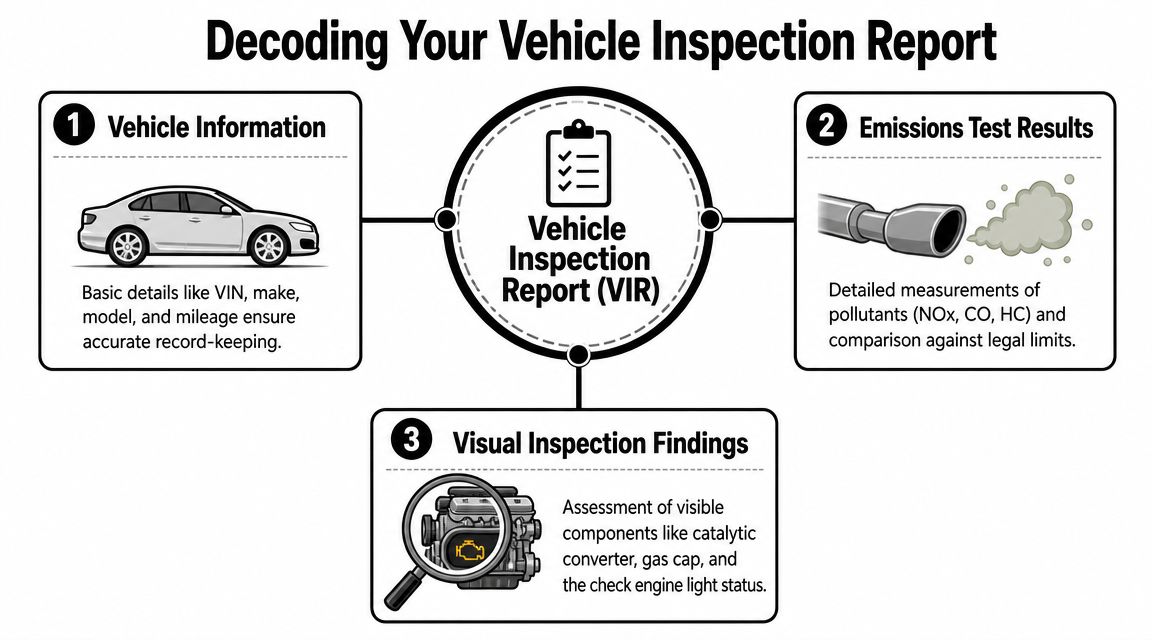 An infographic titled Decoding Your Vehicle Inspection Report, explaining information, emissions results, and visual inspection findings.