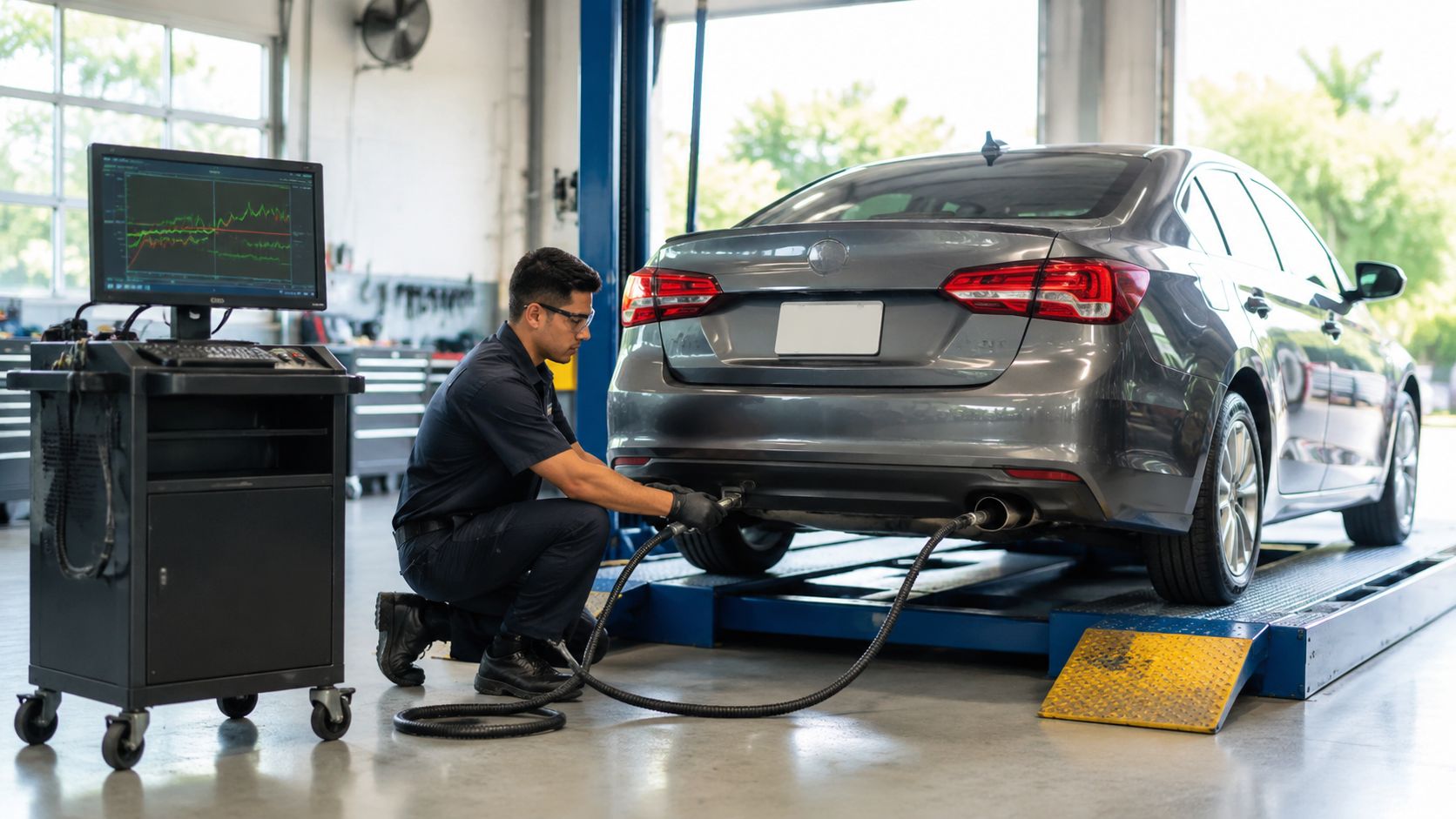 A professional technician performing an emissions test on a car at a Star certified smog station.