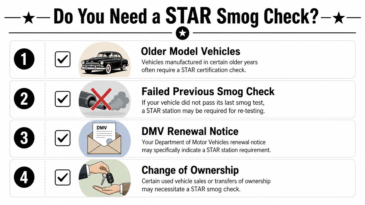An infographic list outlining four reasons why a vehicle might require a STAR certified smog check.
