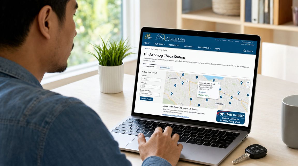 A person using a laptop to search for a STAR certified smog check station on a government website.