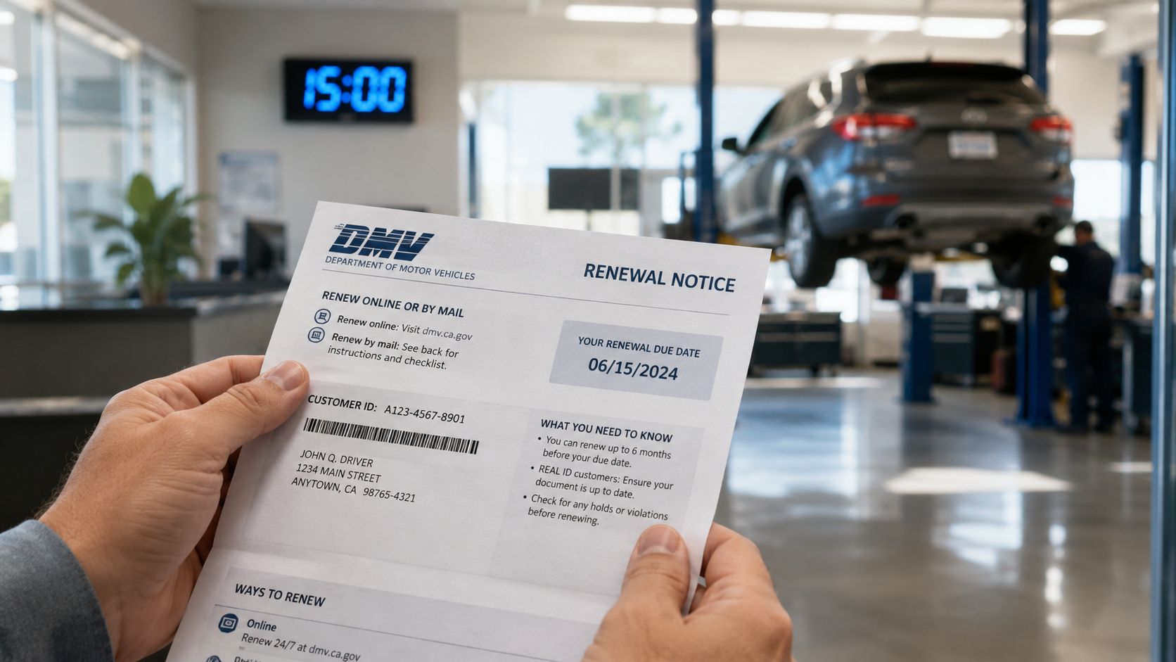 A person holds a DMV renewal notice in a car repair shop with a car on a lift.