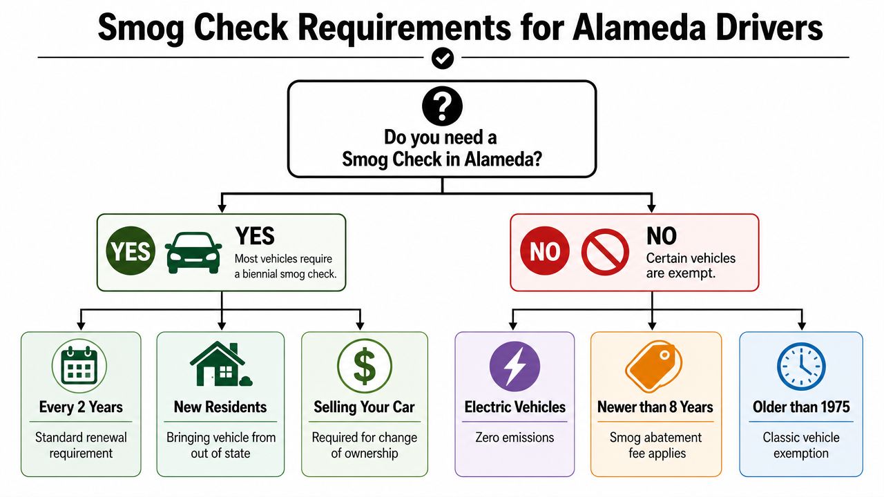 A flowchart explaining smog check requirements for vehicle owners in Alameda, California, showing exemptions and obligations.
