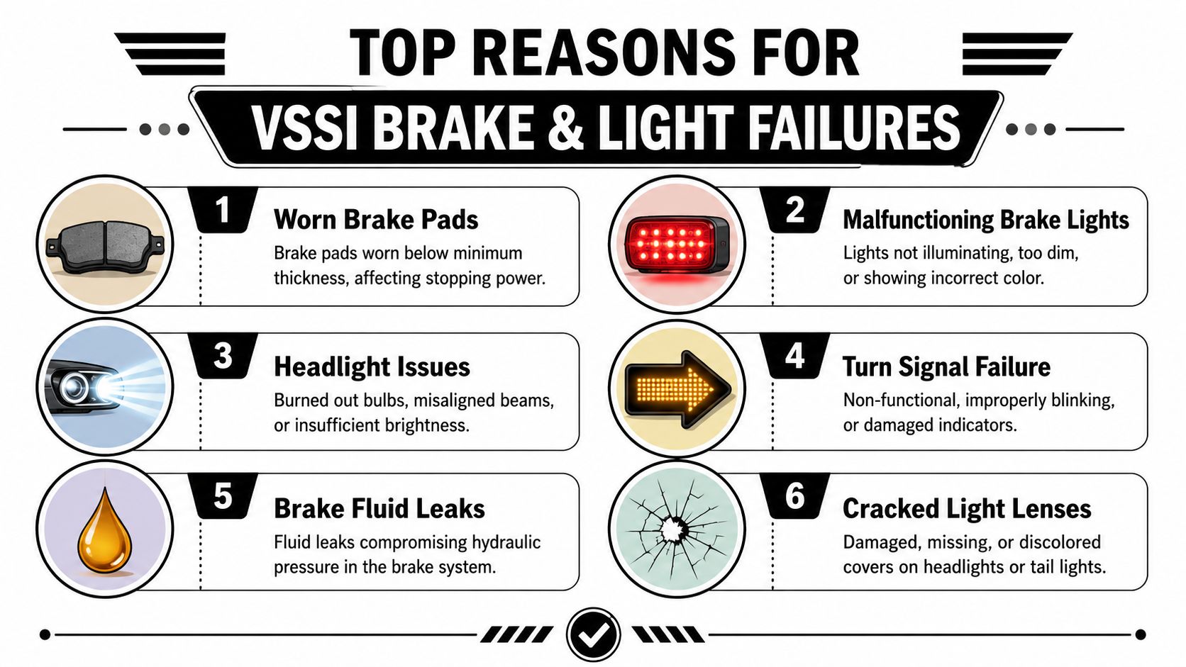 An infographic listing the top six reasons for VSSI brake and light failures in motor vehicles.