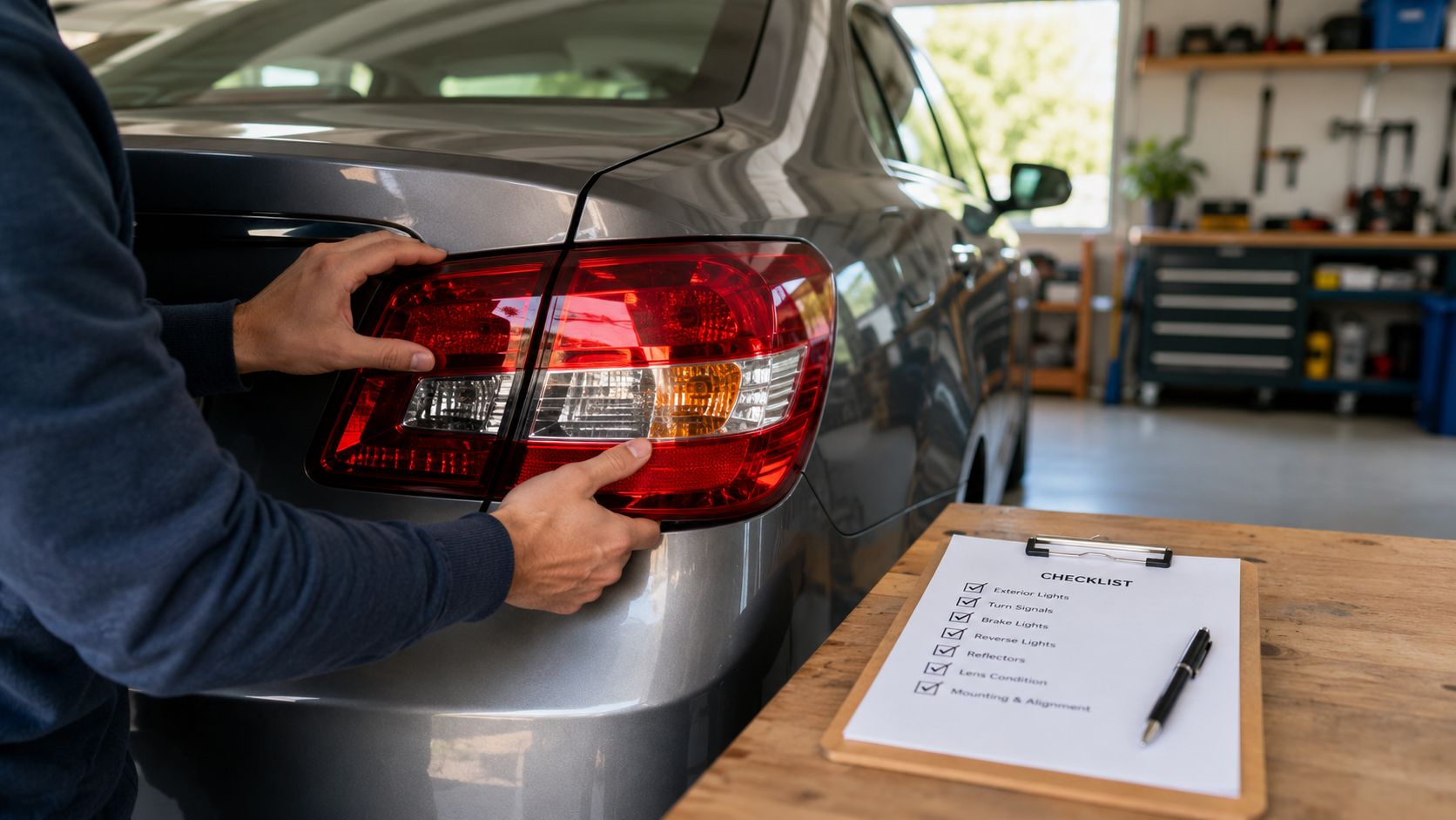 A mechanic inspecting and performing maintenance on a vehicle tail light in a professional auto repair shop.