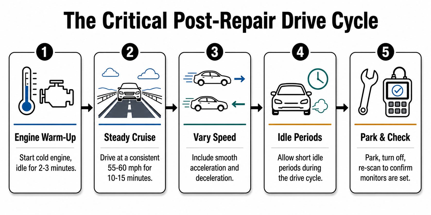 A five-step infographic showing the critical post-repair drive cycle process to reset car engine emission monitors.
