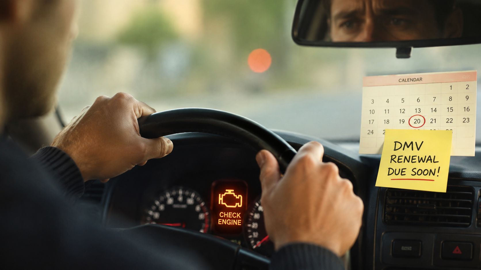 A worried driver behind the wheel looks at the dashboard check engine light and a reminder note.