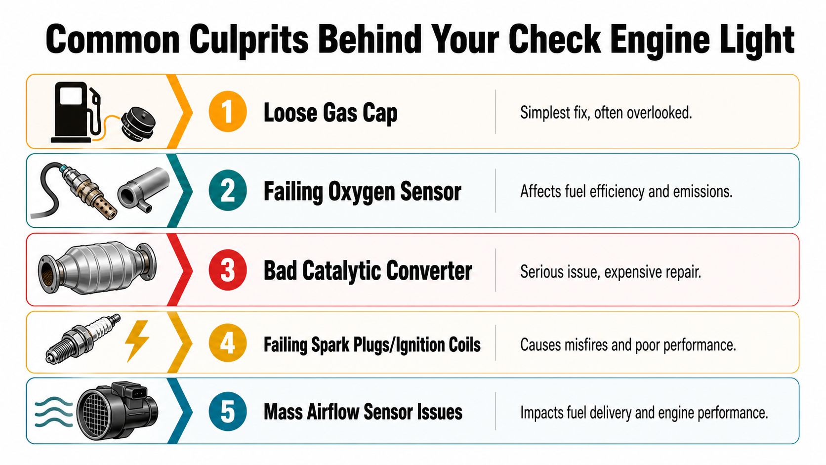 A list of five common mechanical issues that trigger a vehicle check engine light warning indicator.