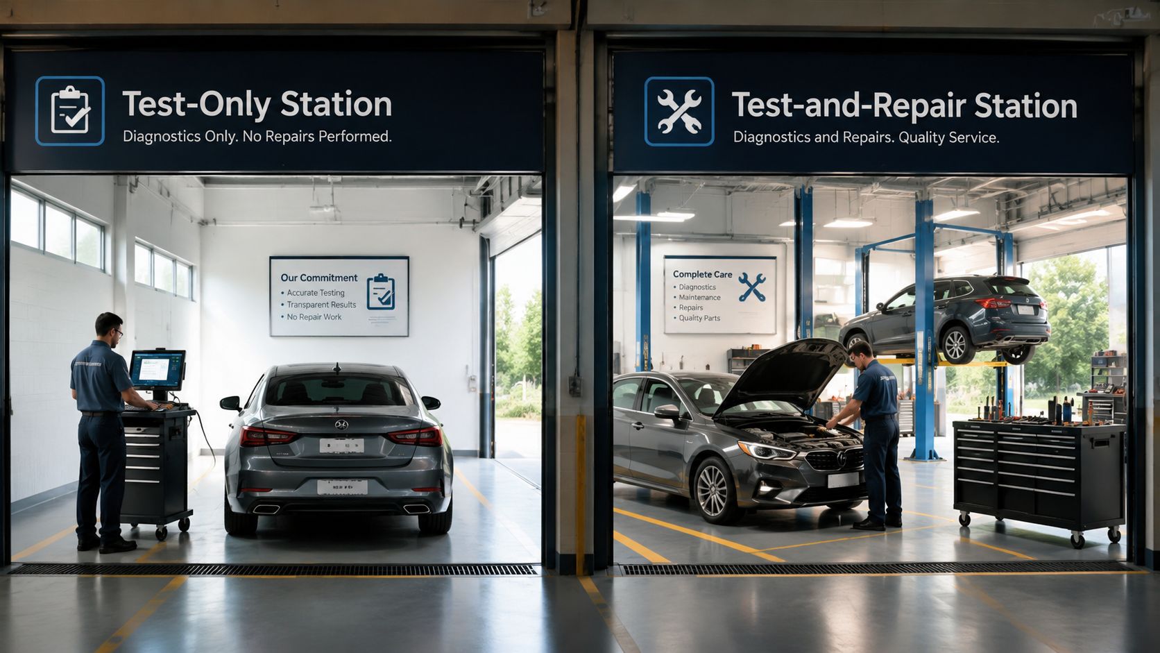 A technician testing a car at a Test-Only station while another services a vehicle at a repair facility.